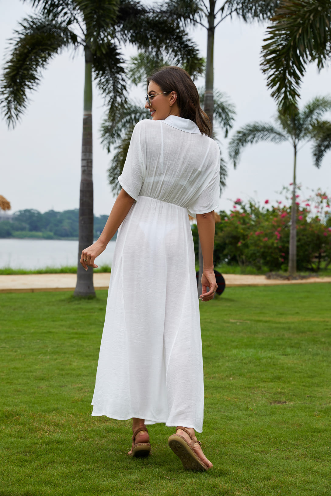 long white beach shirt dress Gauze Short Sleeve Button Down Maxi Shirt Dress / Ivory