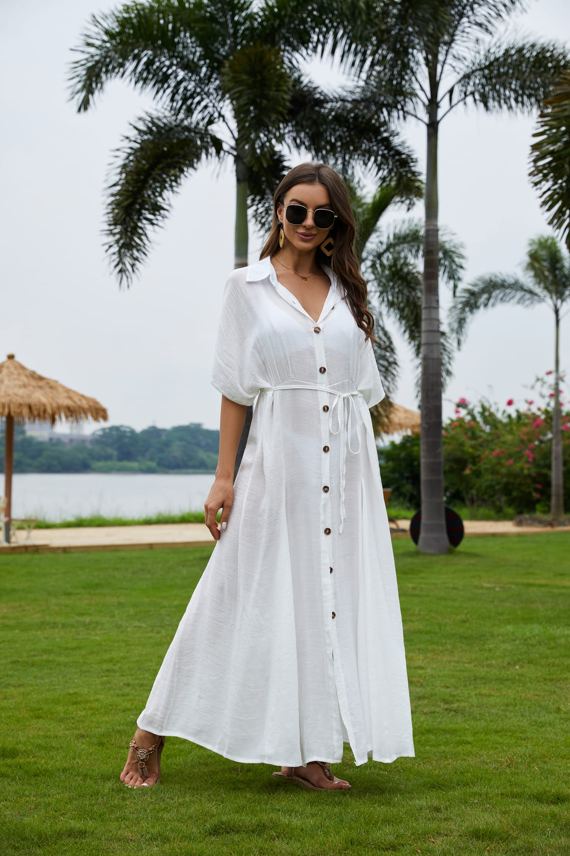 V-Neck Short Sleeve White Shirt Dress - Beach Cover-Up-Eddoyee V-Neck Short Sleeve White Shirt Dress - Beach Cover-Up-Eddoyee