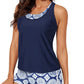 Cyenal Stylish Tankini Swimwear for Women, Printed Bathing Trunks with Solid Racerback Tank Tops, Slimming Loose Fit Swimsuit Set