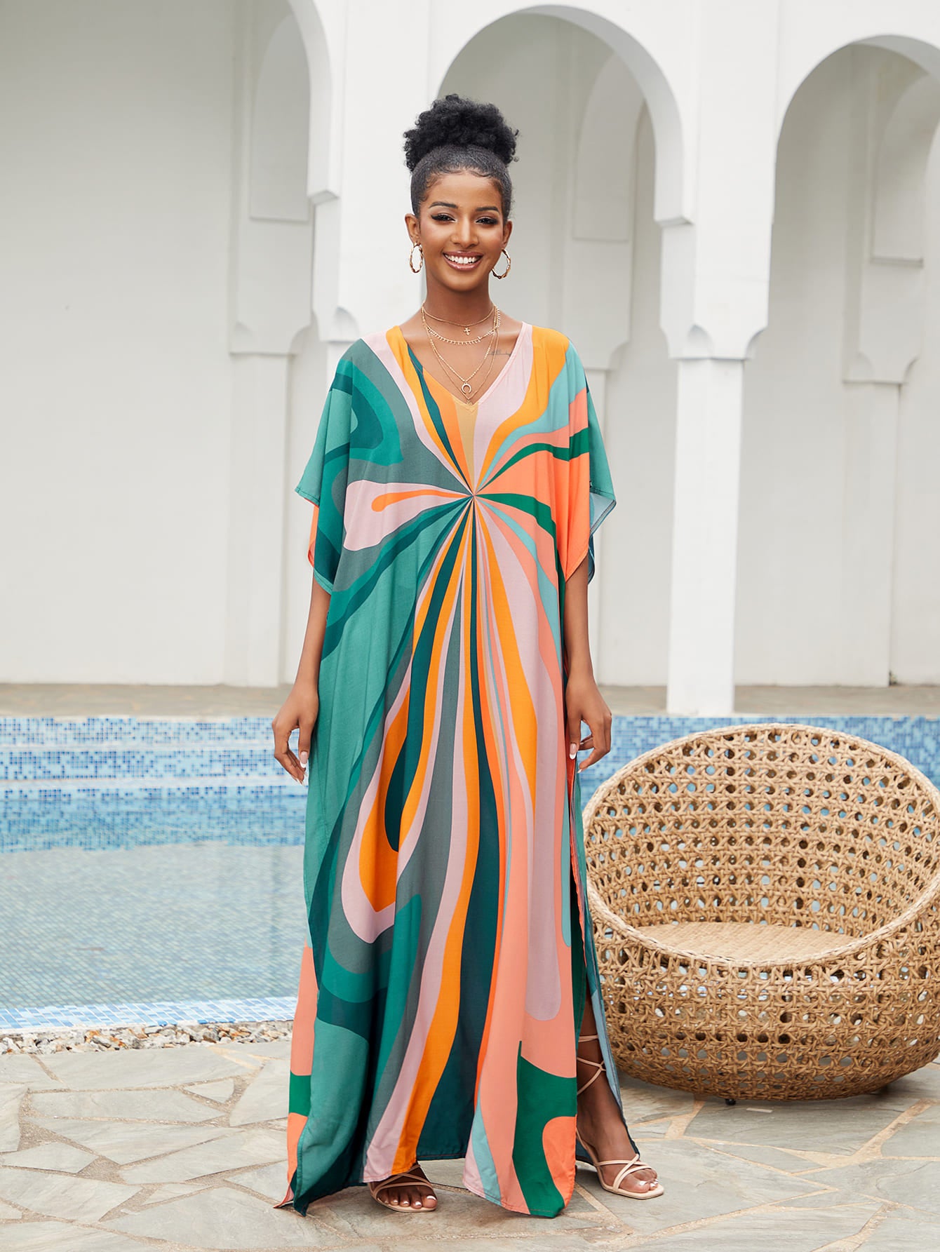 Print Long Kaftan Dress - Women's Beach Loungewear-Eddoyee