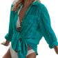 Cyenal Women's Olive Green Button Down Beach Cover-ups, Long Sleeve Tie-Front Shirts as Tops for Swimwear & Vacation Outfits