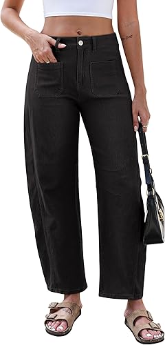 Eddoyee Women's High Waist Barrel Pants, Stretchy Wide Leg Baggy Y2k Boyfriend Ankle Trousers with Pockets