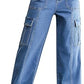 Eddoyee Women's High Waisted Wide Leg Cargo Jeans, Stretch Baggy Drawstring Ankle Pants with 6 Pockets