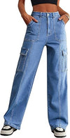 Eddoyee Women's High Waisted Wide Leg Cargo Jeans, Stretch Baggy Drawstring Ankle Pants with 6 Pockets