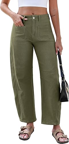 Eddoyee Women's High Waist Barrel Pants, Stretchy Wide Leg Baggy Y2k Boyfriend Ankle Trousers with Pockets