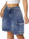 Eddoyee Women's Y2K Baggy Bermuda Cargo Jorts, Knee Length Stretchy Denim Shorts with 6 Pockets
