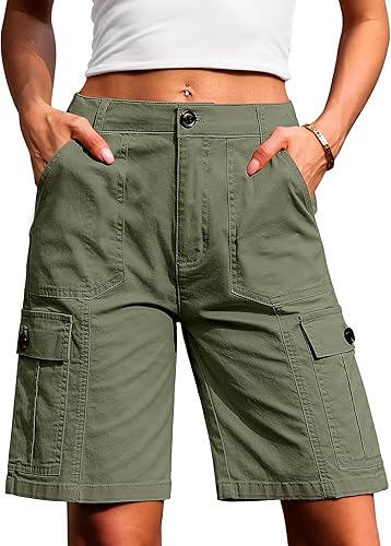 Eddoyee Women's High Waisted Bermuda Cargo Shorts, Stretch Wide Leg Relaxed Fit Knee Length Casual Pants