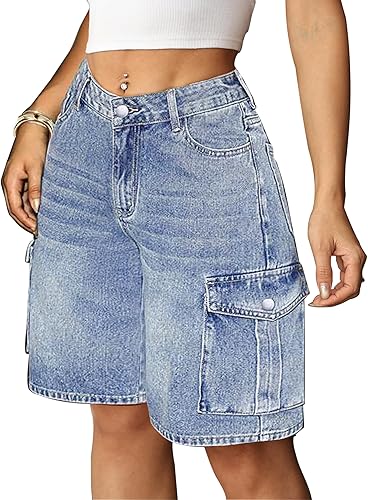Eddoyee Women's Y2K Baggy Bermuda Cargo Jorts, Knee Length Stretchy Denim Shorts with 6 Pockets