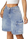 Eddoyee Women's Y2K Baggy Bermuda Cargo Jorts, Knee Length Stretchy Denim Shorts with 6 Pockets