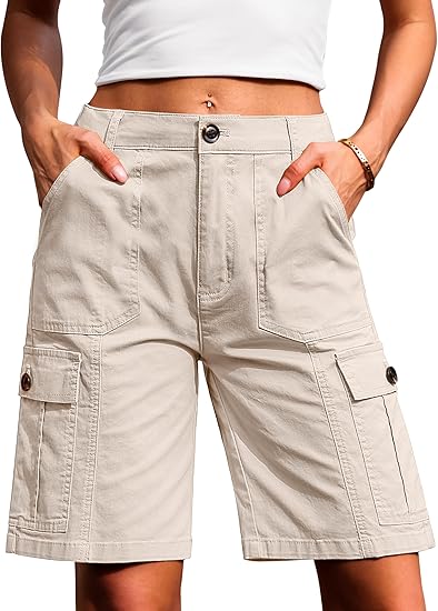 Eddoyee Women's High Waisted Bermuda Cargo Shorts, Stretch Wide Leg Relaxed Fit Knee Length Casual Pants