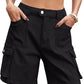 Eddoyee Women's High Waisted Bermuda Cargo Shorts, Elastic Knee Length Summer Casual Shorts with 6 Pockets