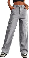 Eddoyee Women's High Waisted Wide Leg Cargo Jeans, Stretch Baggy Drawstring Ankle Pants with 6 Pockets