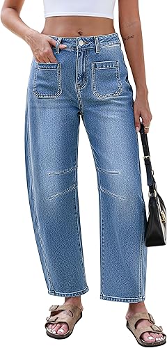 Eddoyee Women's High Waist Barrel Pants, Stretchy Wide Leg Baggy Y2k Boyfriend Ankle Trousers with Pockets