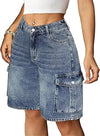 Eddoyee Women's Y2K Baggy Bermuda Cargo Jorts, Knee Length Stretchy Denim Shorts with 6 Pockets