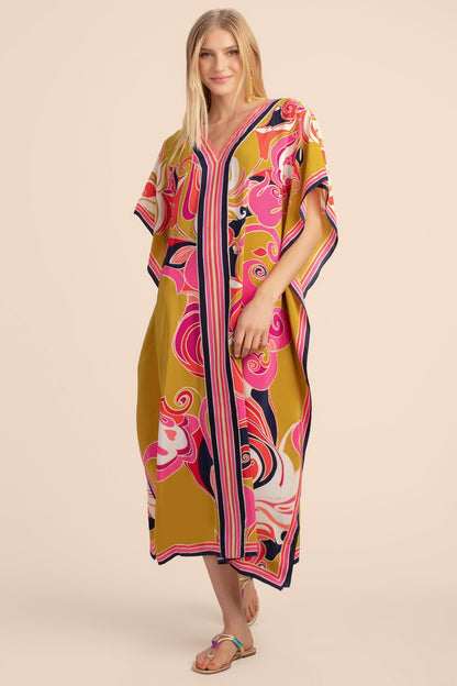 V-Neck Print Beach Caftan for Women with Side Split
