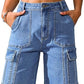 Eddoyee Women's High Waisted Bermuda Cargo Shorts, Stretch Wide Leg Relaxed Fit Knee Length Casual Pants