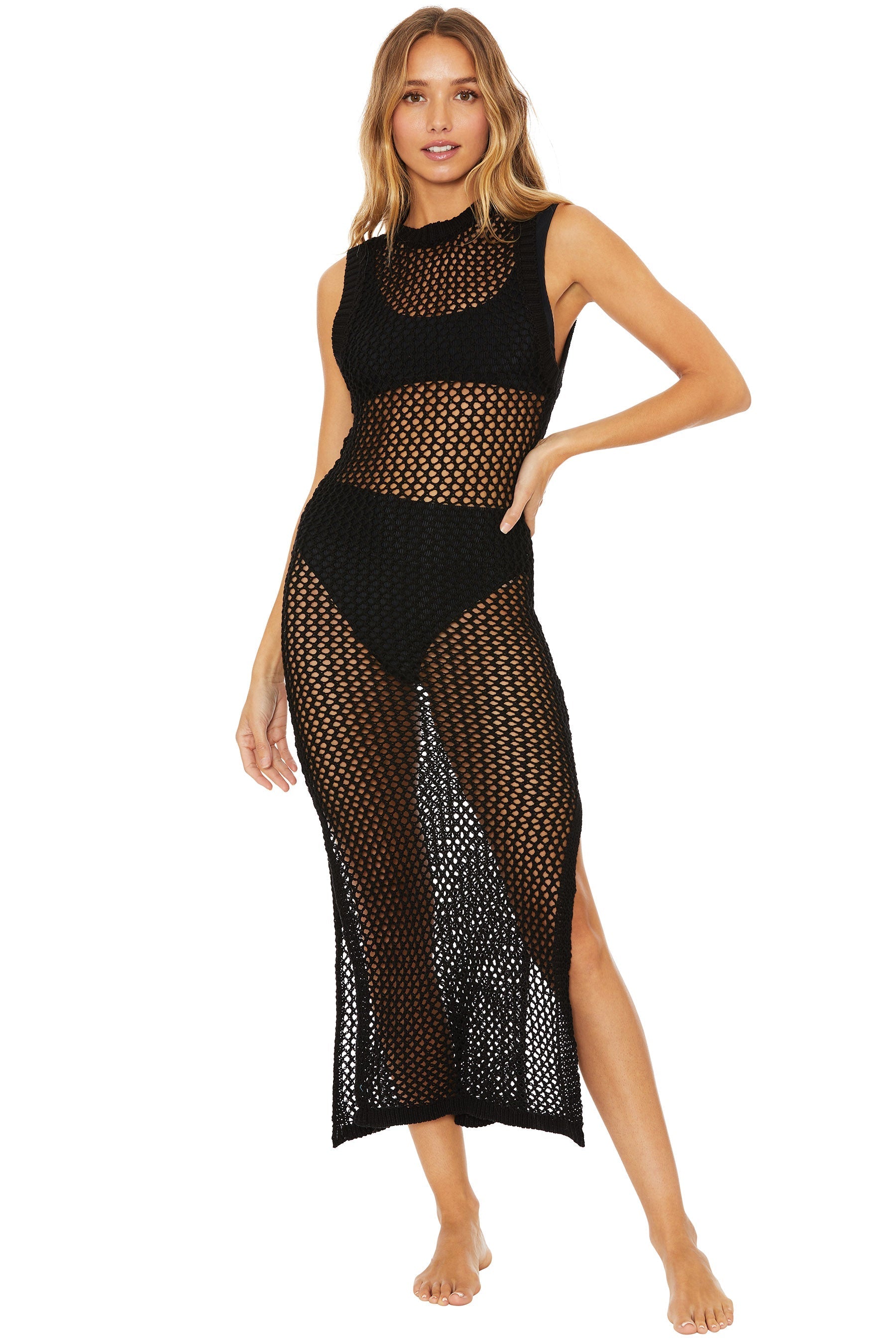 Women's Crochet Swim Cover Up – Hollow Out Sleeveless Beach Dress With Drawstring (Side Split)