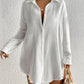White V-Neck Beach Dress Shirt S - Oversized Cover-Up