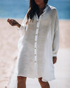 White Long Sleeve Button Down Beach Shirt Dress