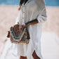 White Long Sleeve Button Down Beach Shirt Dress
