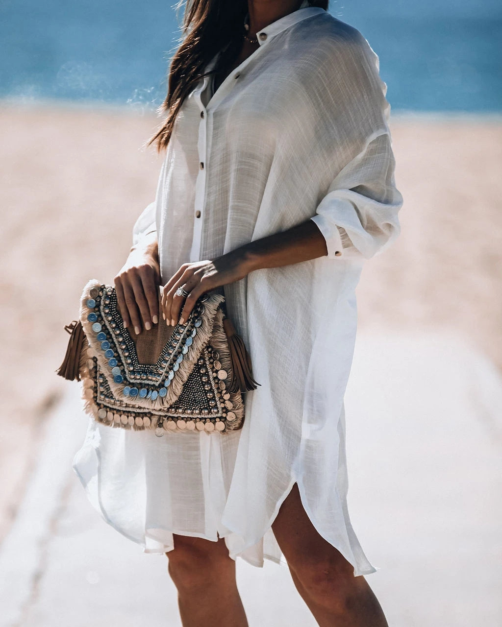 White Long Sleeve Button Down Beach Shirt Dress-Eddoyee