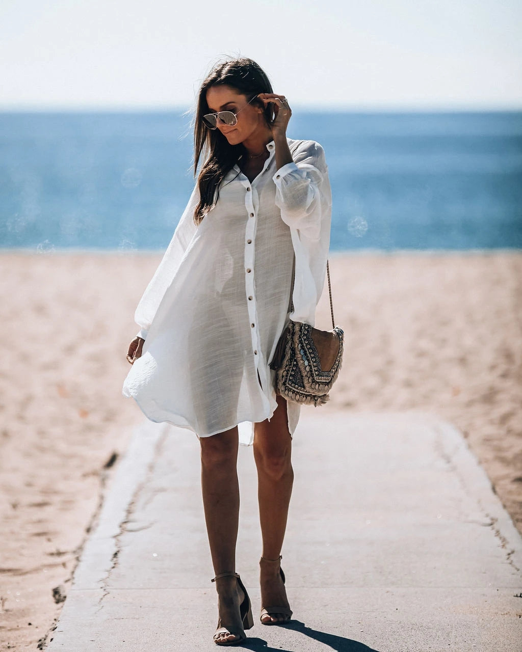 White Long Sleeve Button Down Beach Shirt Dress-Eddoyee