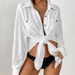 V-Neck Long Sleeve White Beach Cover-Up Shirt