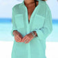 Long Sleeve Button-Down Beach Shirt Cover Up with Pocket for Women