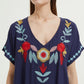 Embroidered V-Neck Swimsuit Cover Up Short Sleeve Beach Kaftan