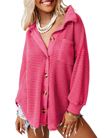 Cyenaly Relaxed Fit Waffle Texture Blouse for Women, V-Neck Button Up Shirts, Versatile Loungewear Tops with Boyfriend Style