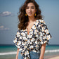 Cyenaly Women's Flowy V Neck Floral Blouse Tie Front Short Sleeve Loose Tunic Top Beach Vacation Essential