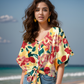 Cyenaly Women's Flowy V Neck Floral Blouse Tie Front Short Sleeve Loose Tunic Top Beach Vacation Essential