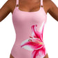 Cyenal Chic Animal Print Swimsuit for Women, Vibrant Floral Accent One Piece Bathing Trunks, Trendy Vacation Poolside Swimwear