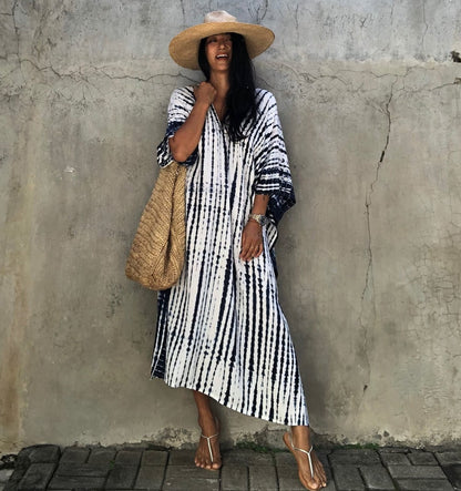 Plus Size Stripe Print V-Neck Beach Kaftan Cover-Up