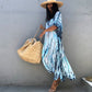 Plus Size Stripe Print V-Neck Beach Kaftan Cover-Up
