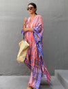 Plus Size Stripe Print V-Neck Beach Kaftan Cover-Up