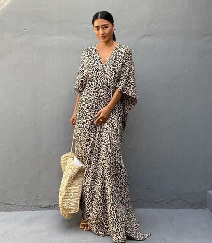 Leopard Print Long Kaftan Swimsuit Cover-Up for Women