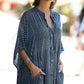Plus Size Striped Print Beach Kaftan Dress - Button-Up Cover Up