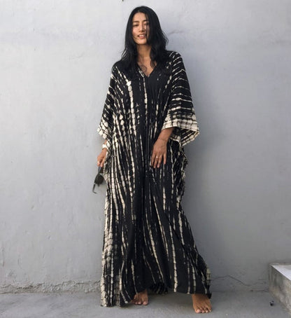 Plus Size Stripe Print V-Neck Beach Kaftan Cover-Up