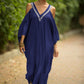 V Neck Embroidered Kaftan Cold Shoulder Beach Cover Up"