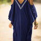 V Neck Embroidered Kaftan Cold Shoulder Beach Cover Up"