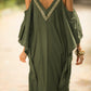 V Neck Embroidered Kaftan Cold Shoulder Beach Cover Up"