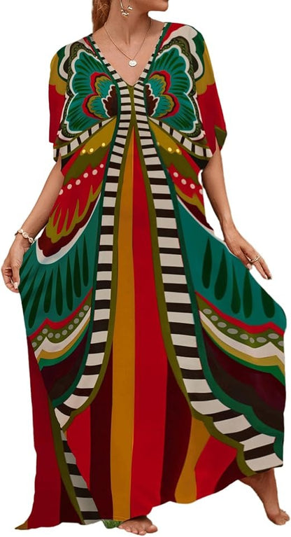Cyenal Oversized Resort Wear Dress for Women, Vibrant Print Beach Cover-ups & Casual Loungewear, Effortless Vacation Maxi Gown