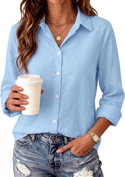 Cyenal Women's Long Sleeve Button Down Shirts Casual Loose Fit Blouses Tops as Clothing, Basic V-Neck Loungewear Shirt for Daily Wear