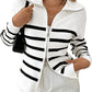 Cyenaly Women's Striped Zip Up Knit Cardigan Sweater Casual Long Sleeve Ribbed Top with Pockets