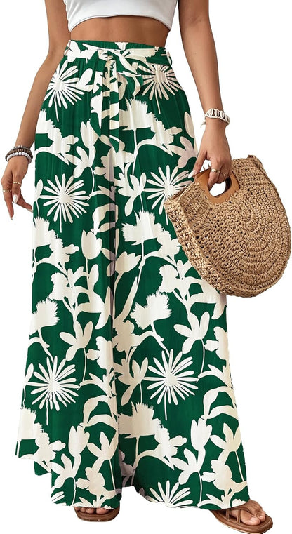 Cyenal Colorful Boho Wide Leg Pants for Women, Relaxed Fit Trousers as Vacation Beach Cover-ups, Chic Summer Loungewear Outfit