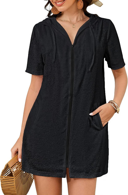 Cyenaly Women's Terry Cloth Zip Up Hoodie Beach Cover Up Short Sleeve Swimsuit Coverup with Pockets