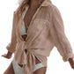Cyenal Women's Olive Green Button Down Beach Cover-ups, Long Sleeve Tie-Front Shirts as Tops for Swimwear & Vacation Outfits