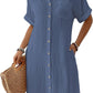 Cyenaly Women's Casual Button Down Shirt Dress Short Sleeve Textured Mini Dress with Pockets