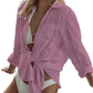 Cyenal Women's Olive Green Button Down Beach Cover-ups, Long Sleeve Tie-Front Shirts as Tops for Swimwear & Vacation Outfits